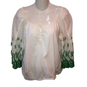 Ivy Jane Medium White Green Embroidered 3/4 Sleeve Boho Blouse Top Shirt M USA